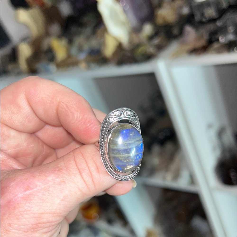 Adjustable Labradorite Oval Statement Ring - Blue Flash